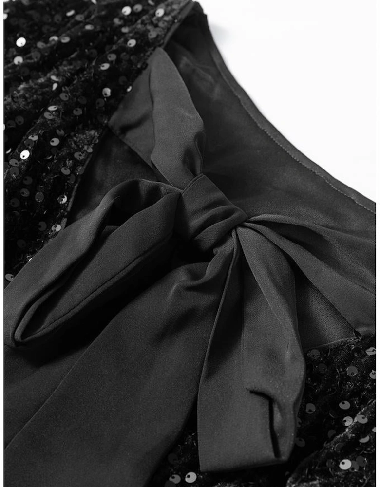 Black Sequin Long Sleeve Knot Cutout Back Mini Dress