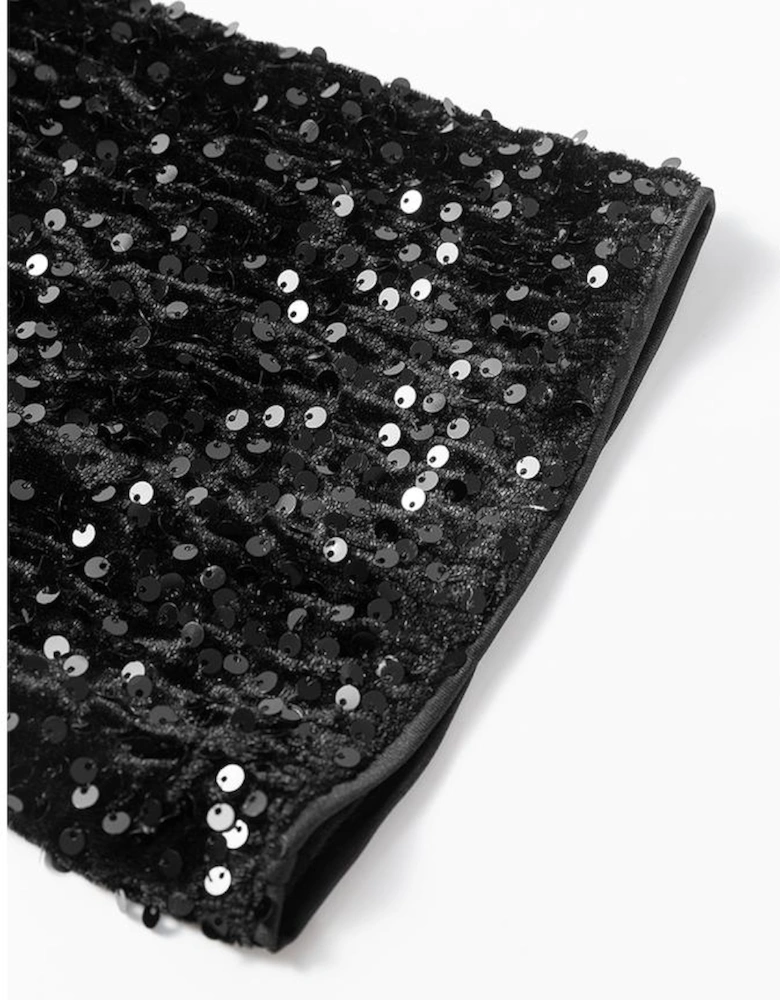 Black Sequin Long Sleeve Knot Cutout Back Mini Dress