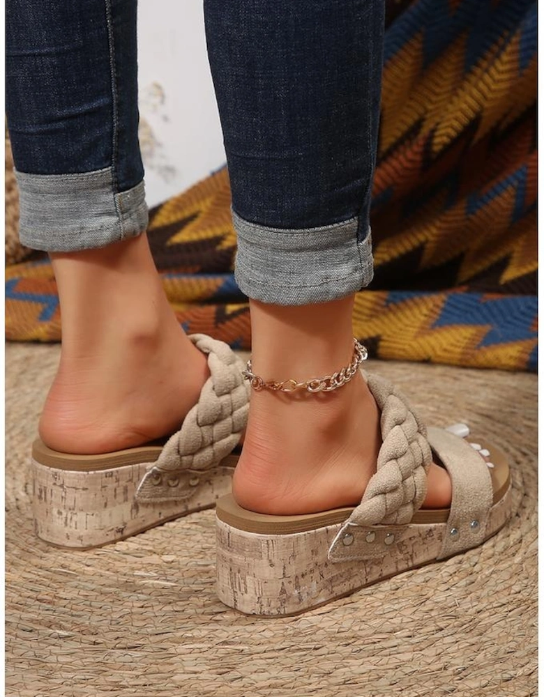Light French Beige Woven Suede Band Wedge Slippers