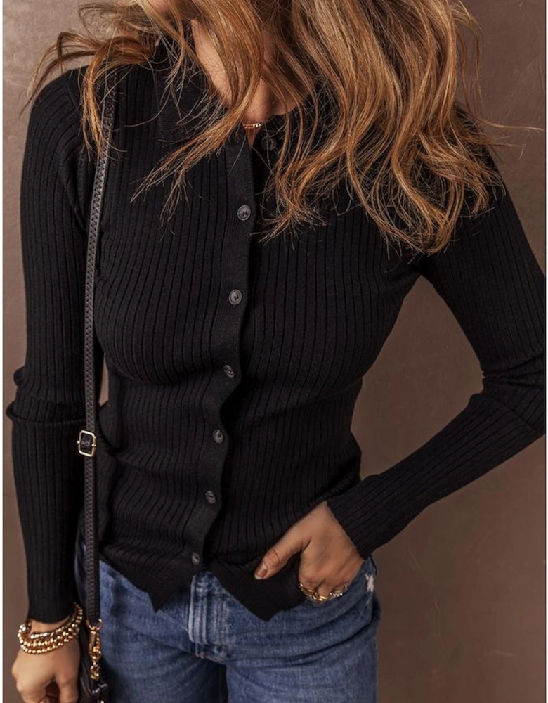 Black Ribbed Knit Collared Slim Fit Sweater Cardigan