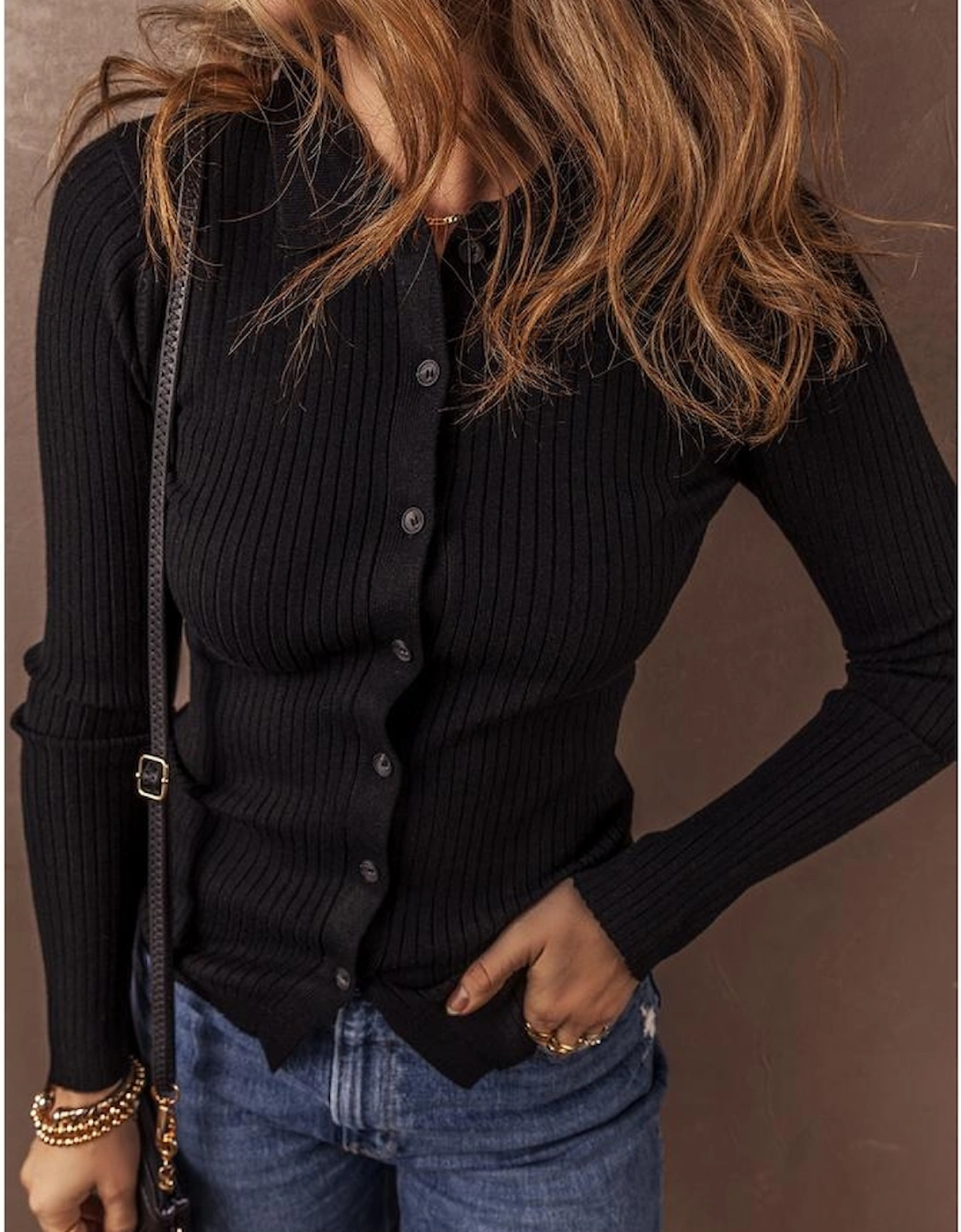 Black Ribbed Knit Collared Slim Fit Sweater Cardigan