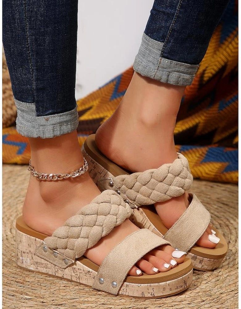 Light French Beige Woven Suede Band Wedge Slippers
