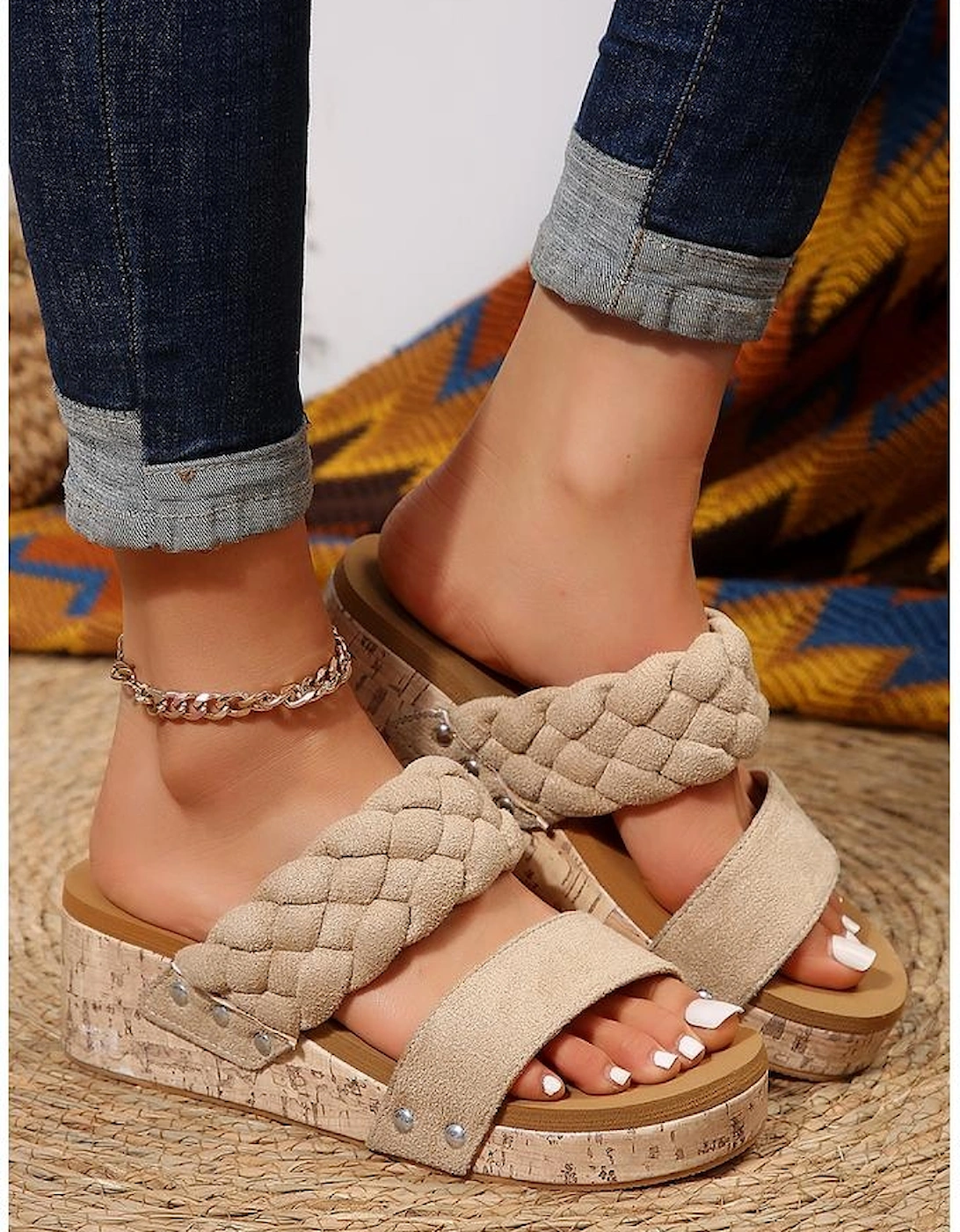 Light French Beige Woven Suede Band Wedge Slippers
