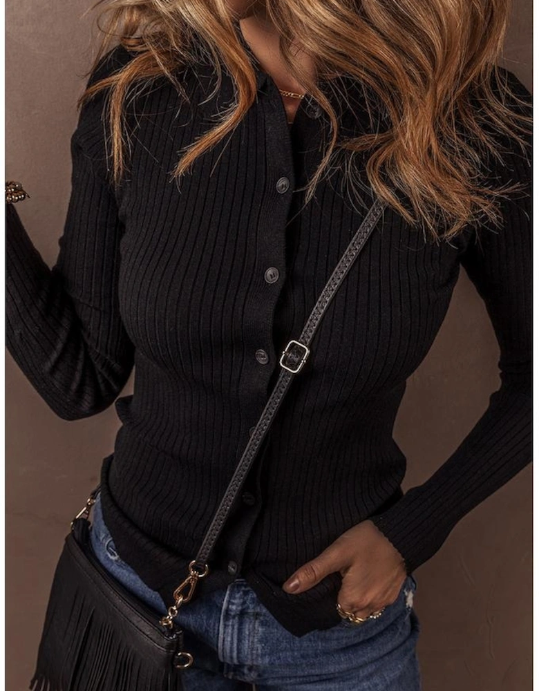 Black Ribbed Knit Collared Slim Fit Sweater Cardigan