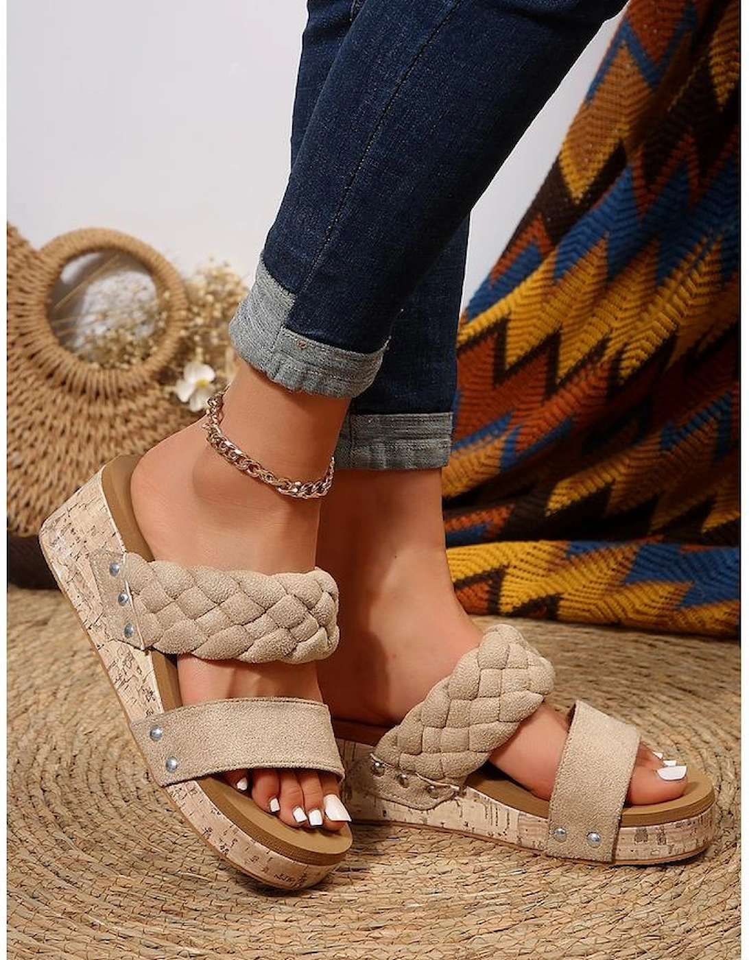 Light French Beige Woven Suede Band Wedge Slippers