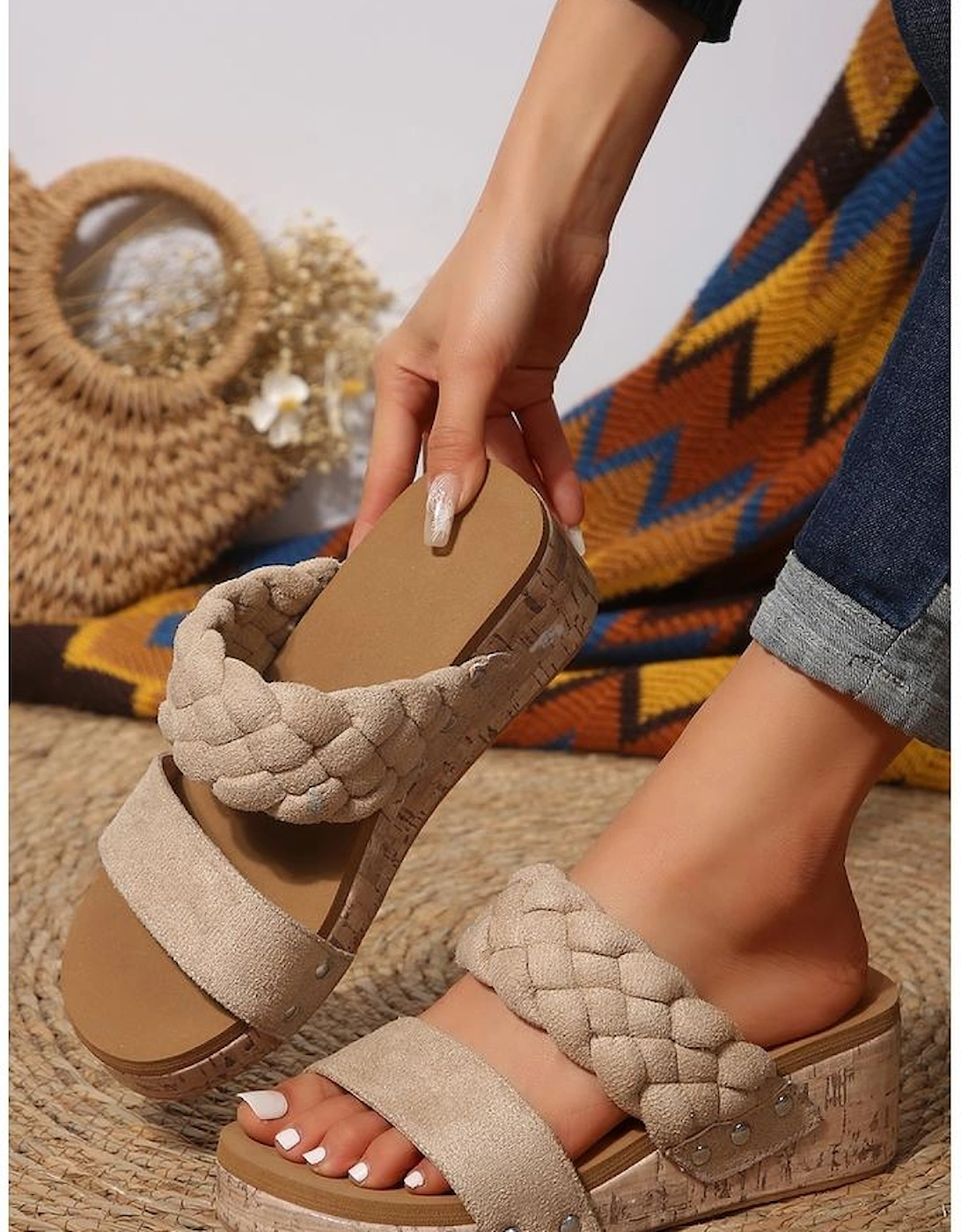 Light French Beige Woven Suede Band Wedge Slippers
