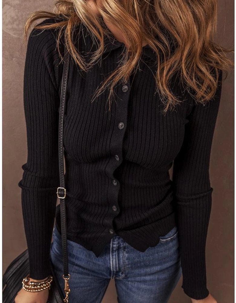 Black Ribbed Knit Collared Slim Fit Sweater Cardigan