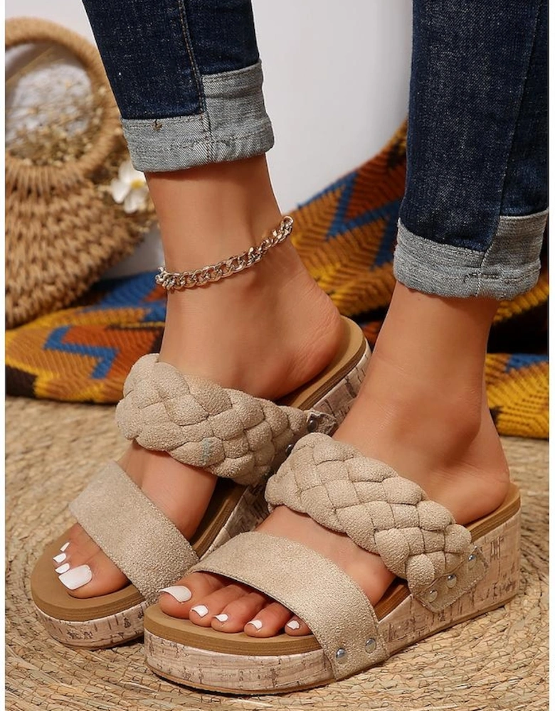 Light French Beige Woven Suede Band Wedge Slippers