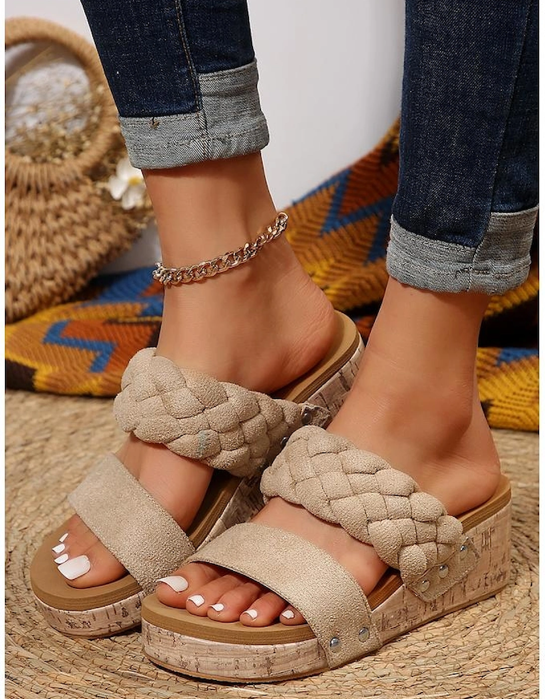 Light French Beige Woven Suede Band Wedge Slippers