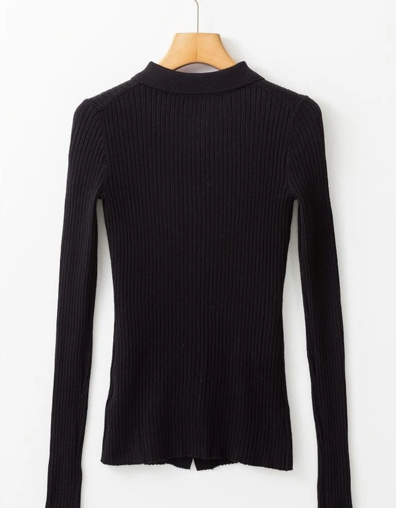 Black Ribbed Knit Collared Slim Fit Sweater Cardigan