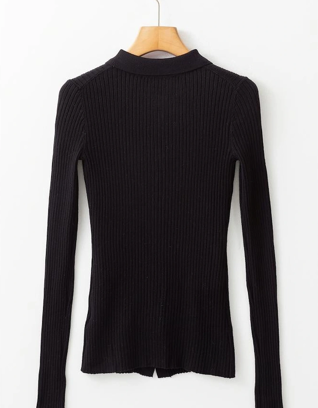 Black Ribbed Knit Collared Slim Fit Sweater Cardigan