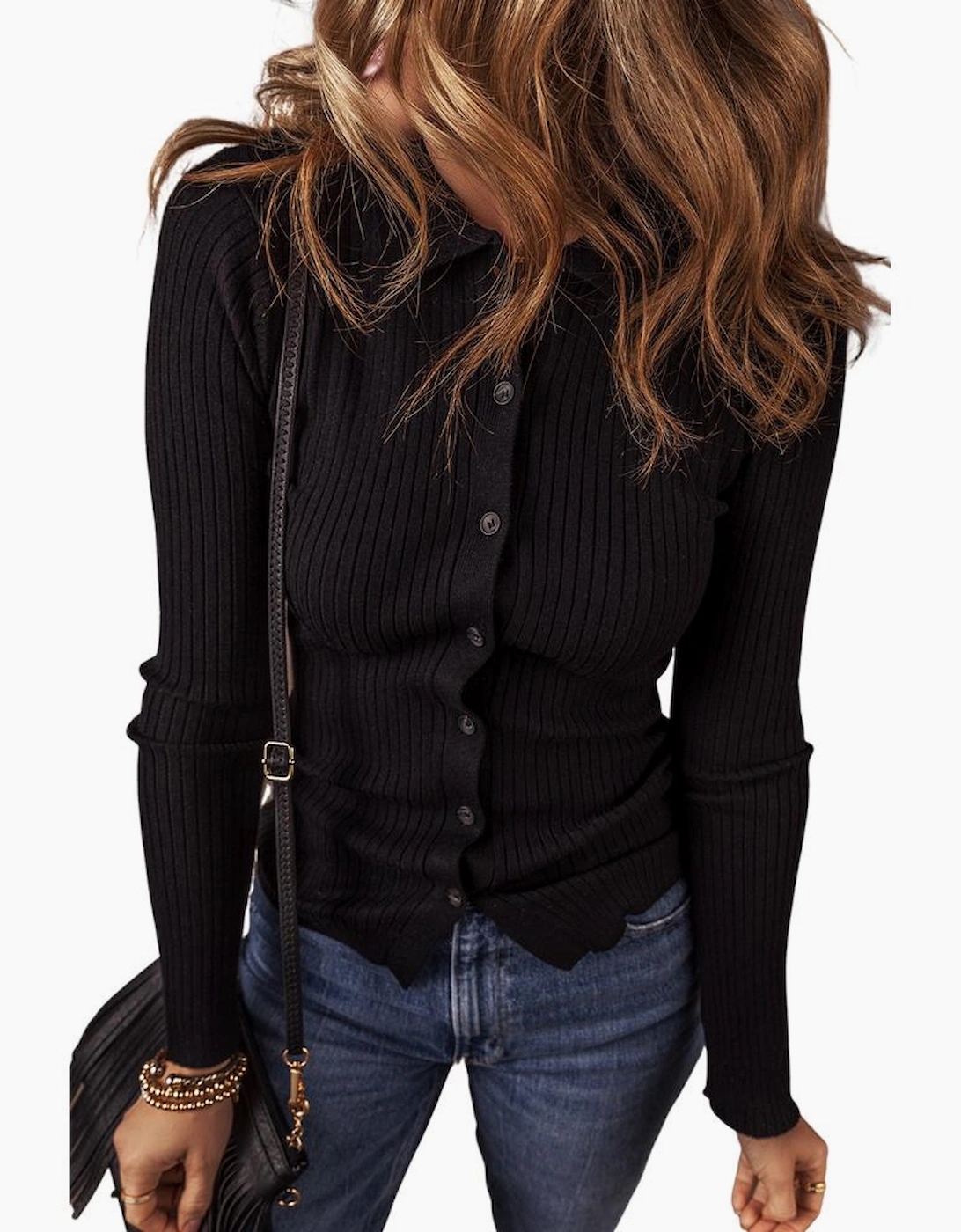 Black Ribbed Knit Collared Slim Fit Sweater Cardigan