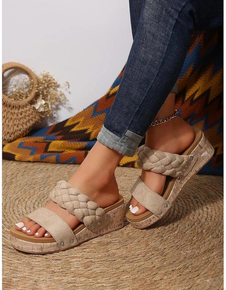 Light French Beige Woven Suede Band Wedge Slippers