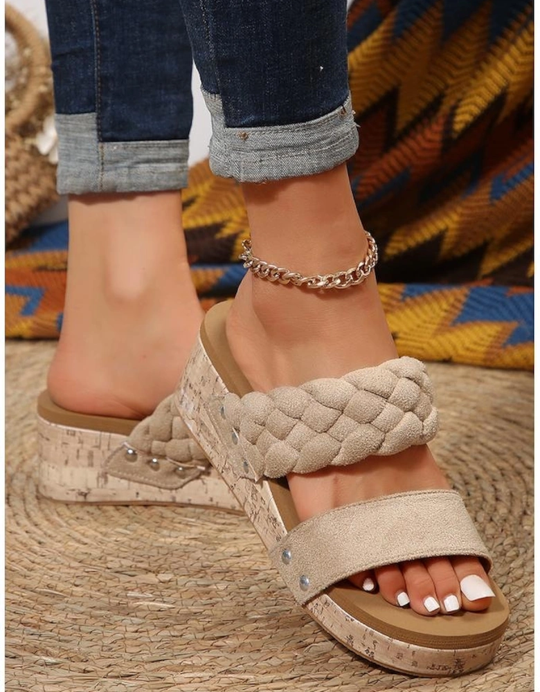 Light French Beige Woven Suede Band Wedge Slippers