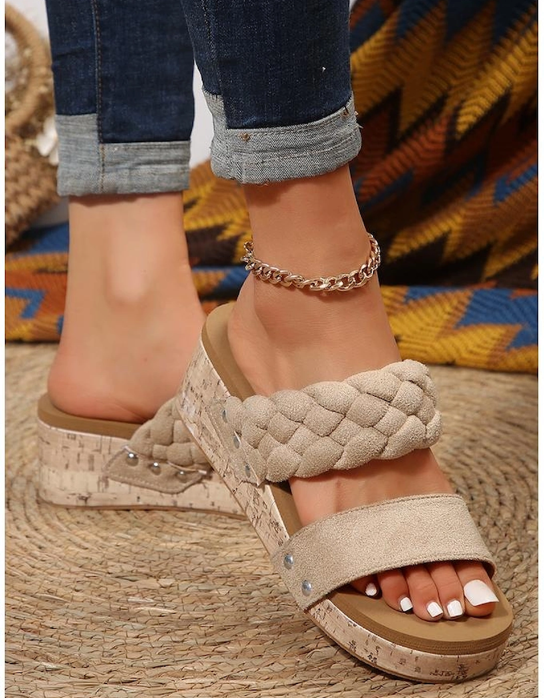 Light French Beige Woven Suede Band Wedge Slippers, 8 of 7