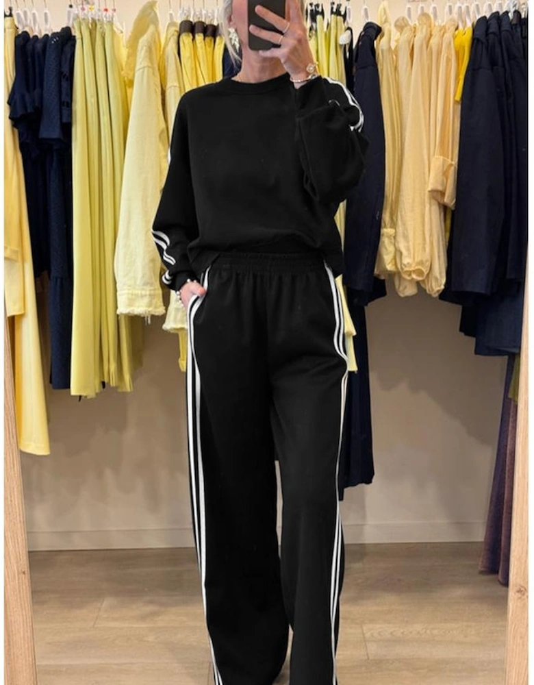 Black Varsity Striped Detail Crewneck Pullover Elastic Sweatpants 2pcs Outfit