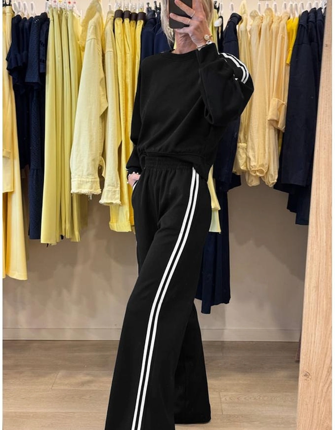 Black Varsity Striped Detail Crewneck Pullover Elastic Sweatpants 2pcs Outfit, 6 of 5