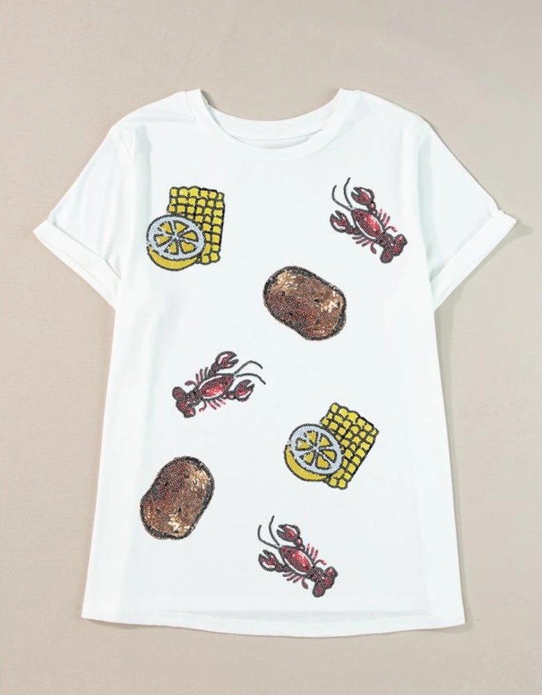 White Plus Size Sequin Crawfish Summer Fine Food Graphic Tee