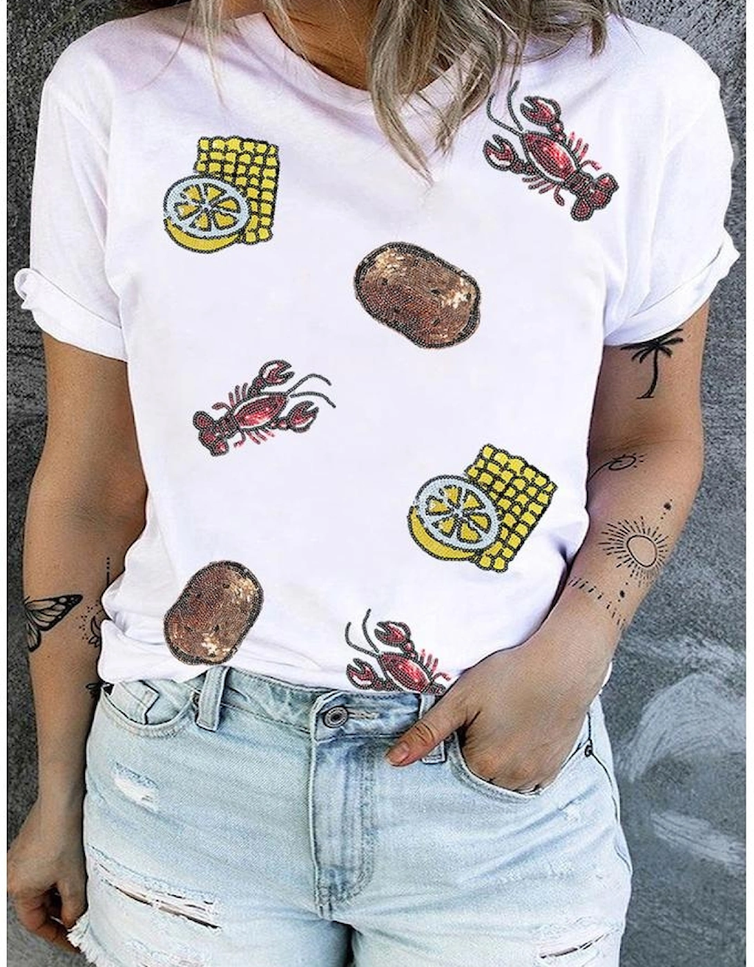 White Plus Size Sequin Crawfish Summer Fine Food Graphic Tee