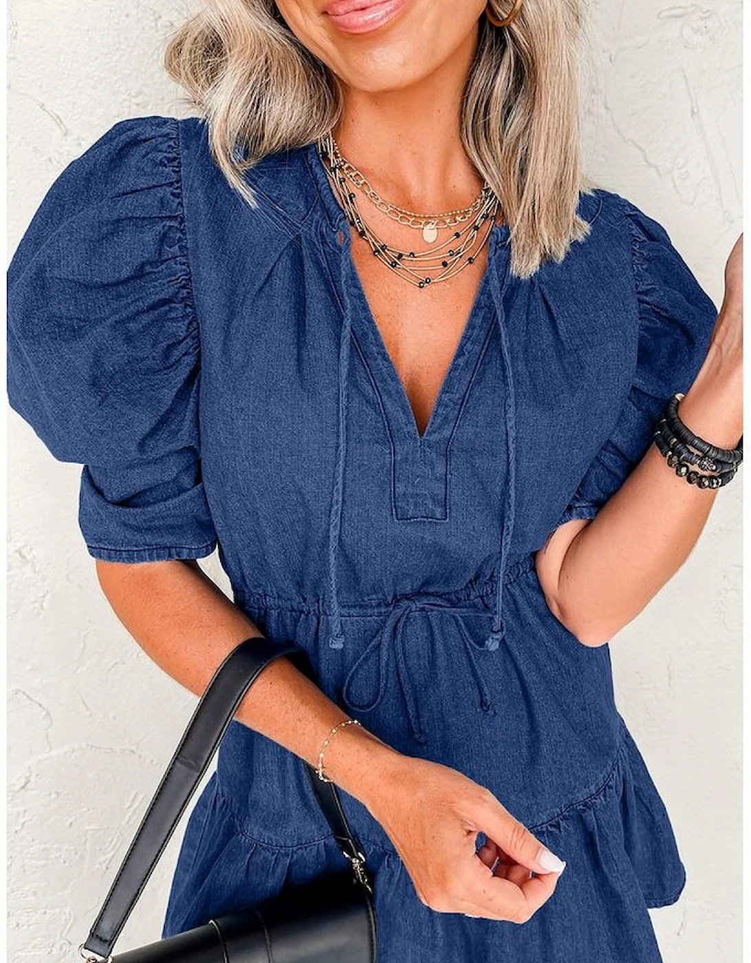 Blue Drawstring High Waist Puff Sleeve Denim Mini Dress