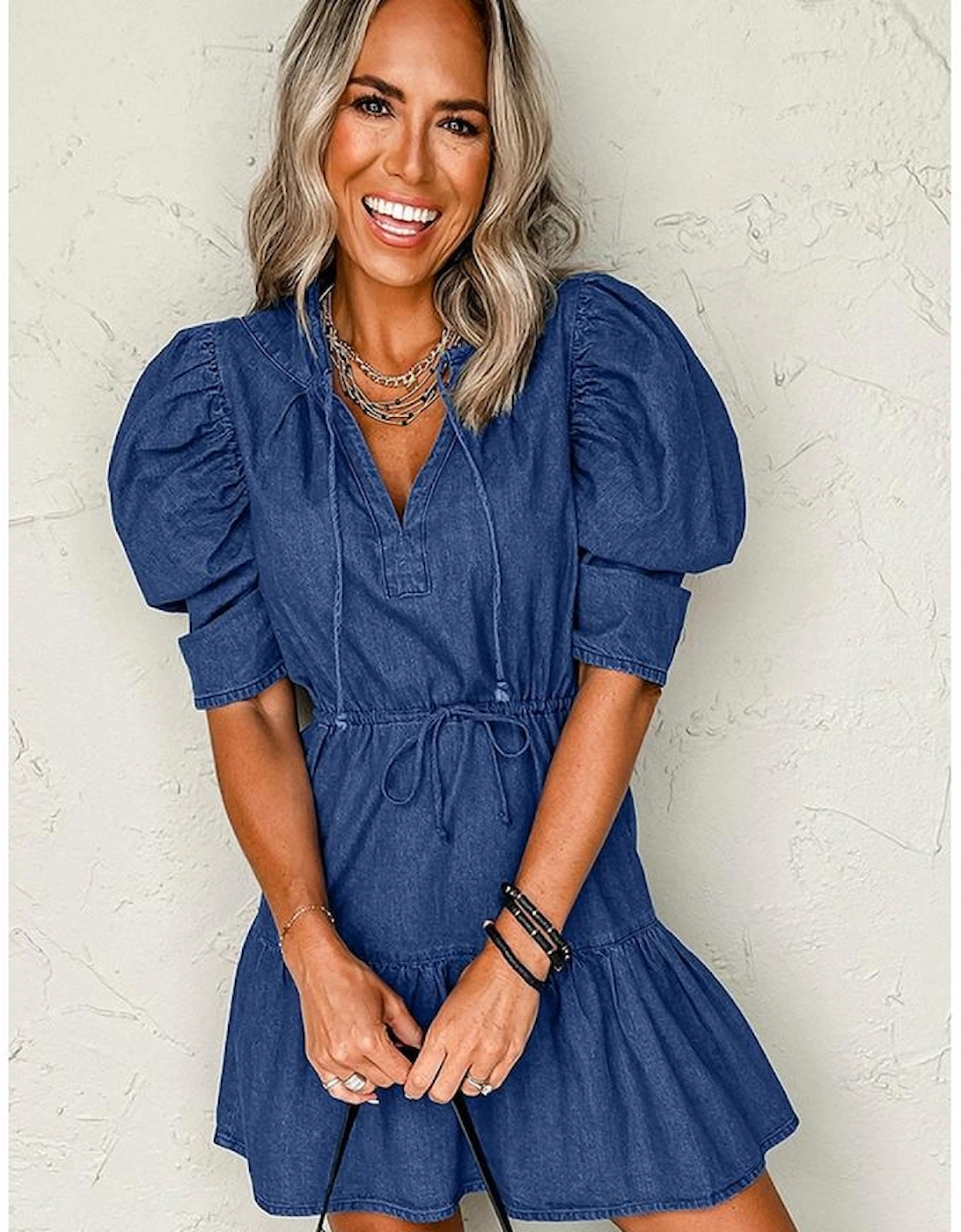 Blue Drawstring High Waist Puff Sleeve Denim Mini Dress