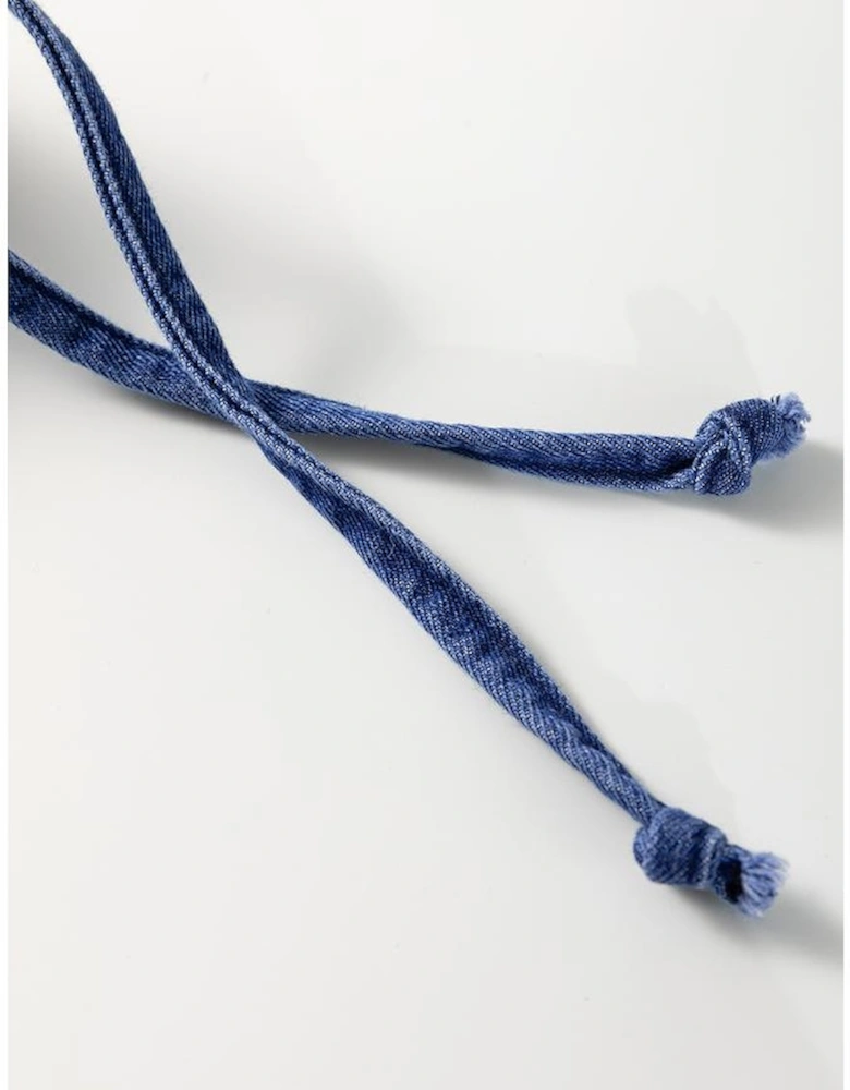 Blue Drawstring High Waist Puff Sleeve Denim Mini Dress