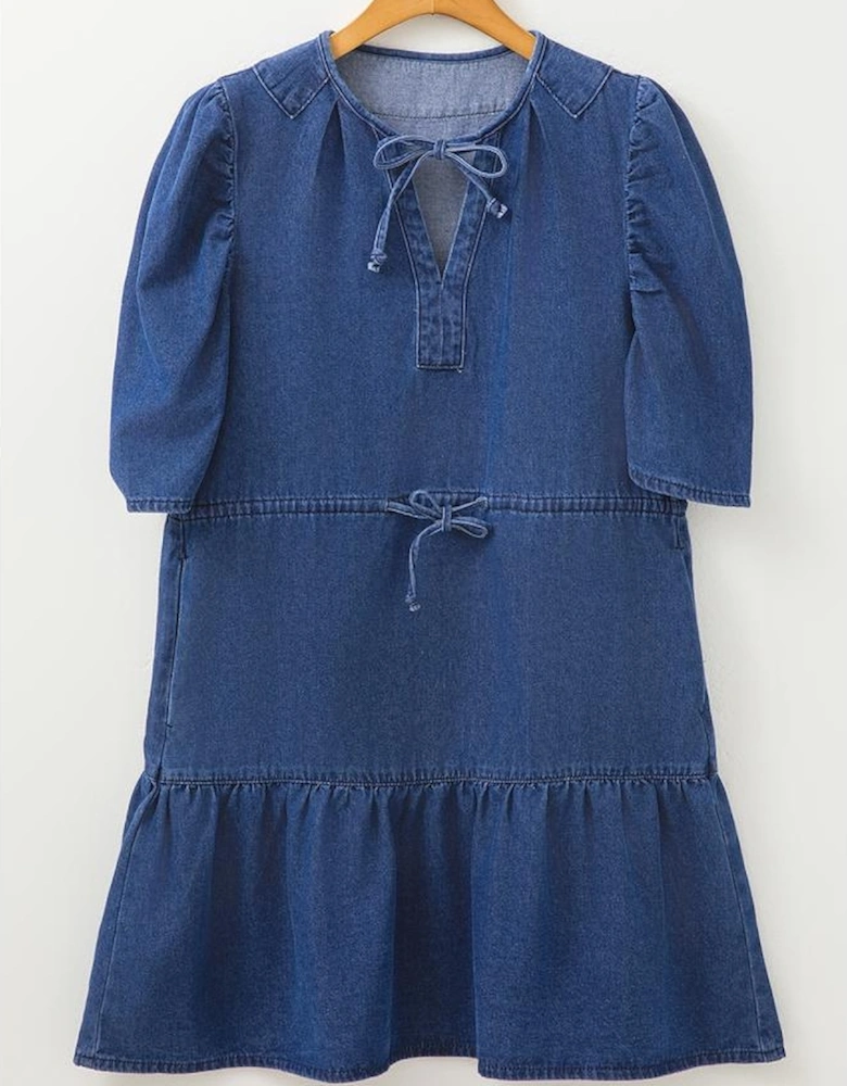Blue Drawstring High Waist Puff Sleeve Denim Mini Dress