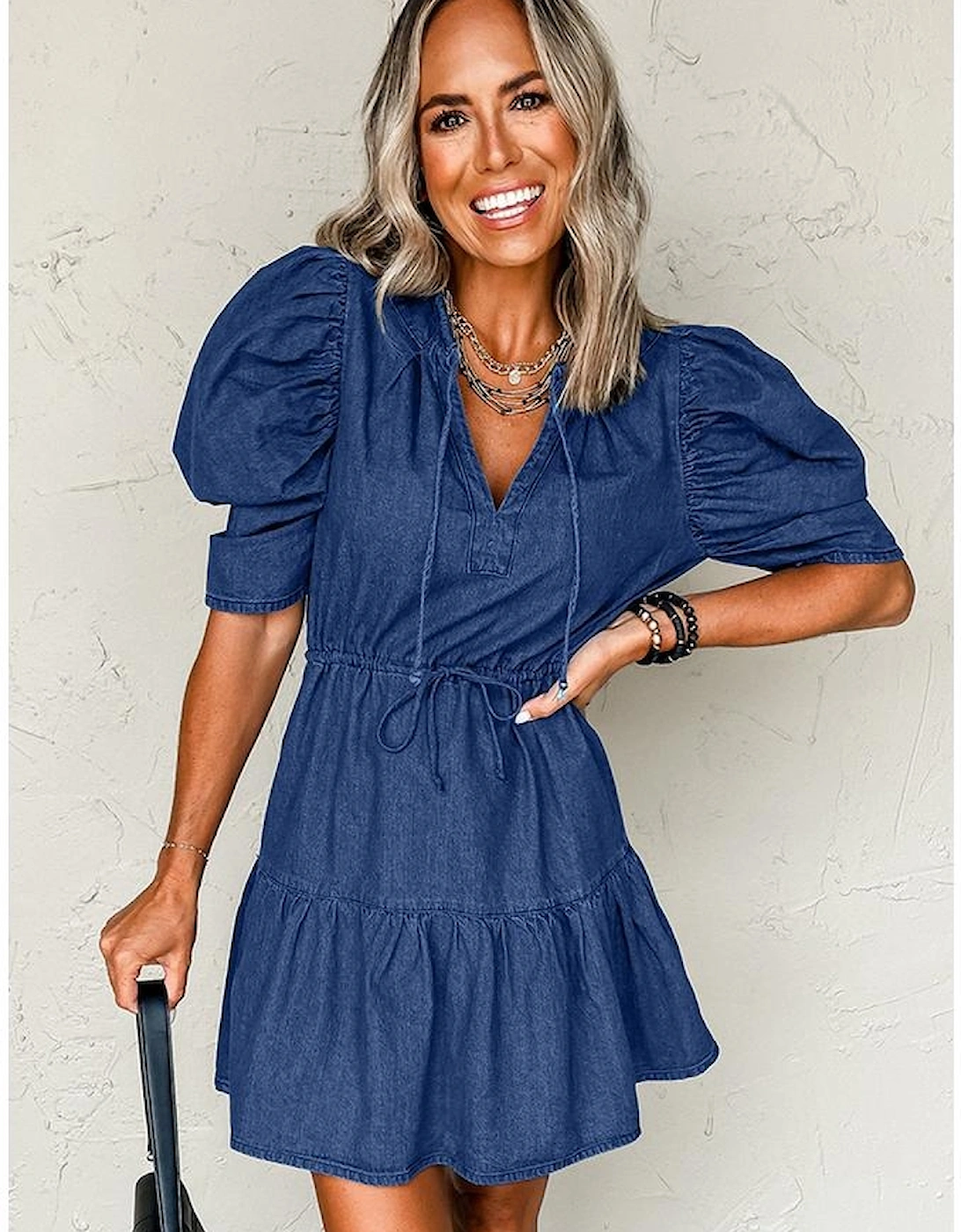 Blue Drawstring High Waist Puff Sleeve Denim Mini Dress