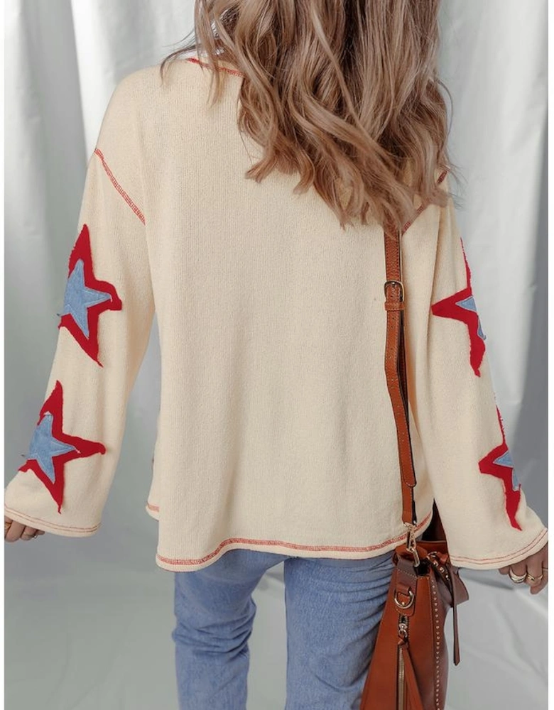 Beige USA Star Contrast Patchwork Exposed Seam Long Sleeve Top