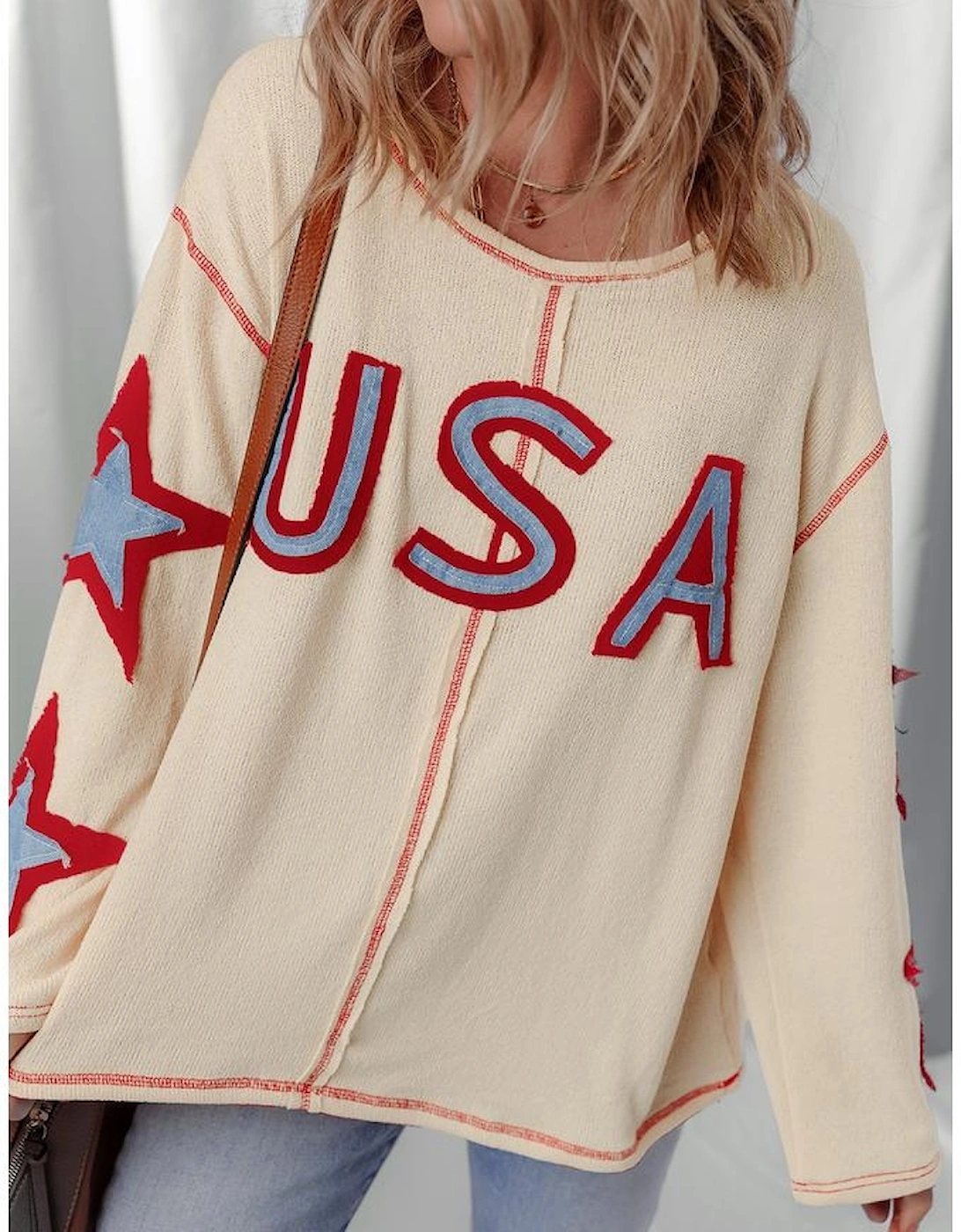 Beige USA Star Contrast Patchwork Exposed Seam Long Sleeve Top