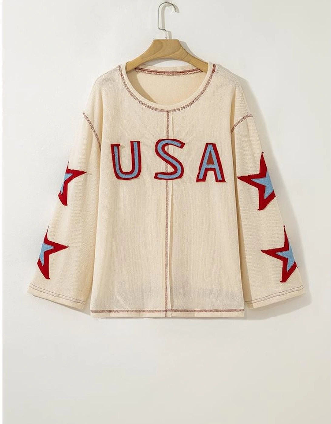Beige USA Star Contrast Patchwork Exposed Seam Long Sleeve Top