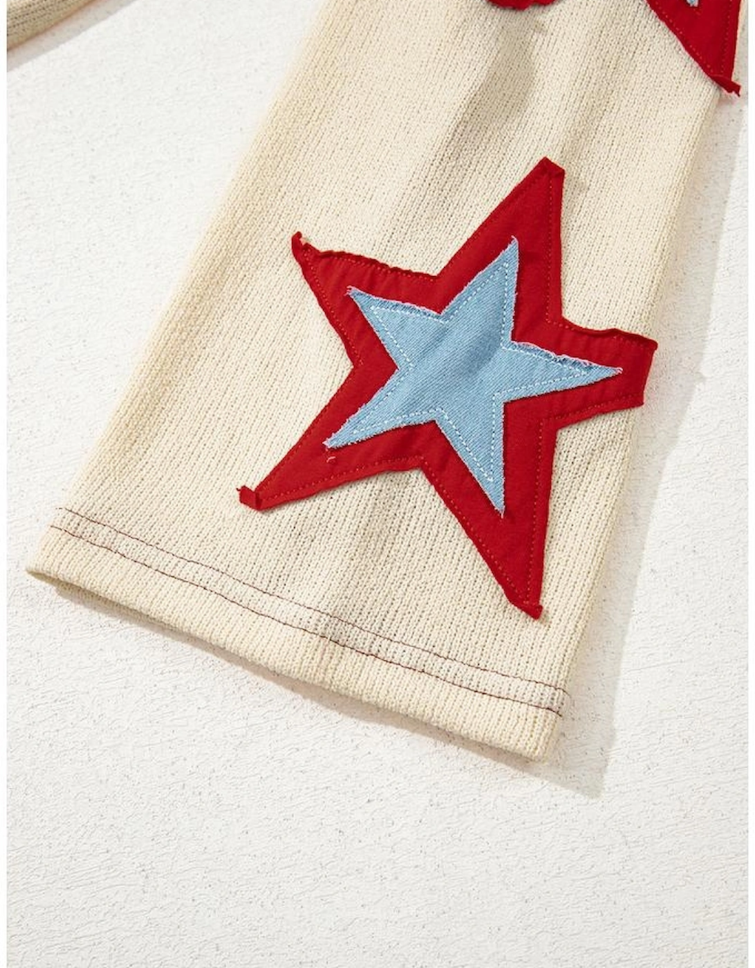 Beige USA Star Contrast Patchwork Exposed Seam Long Sleeve Top