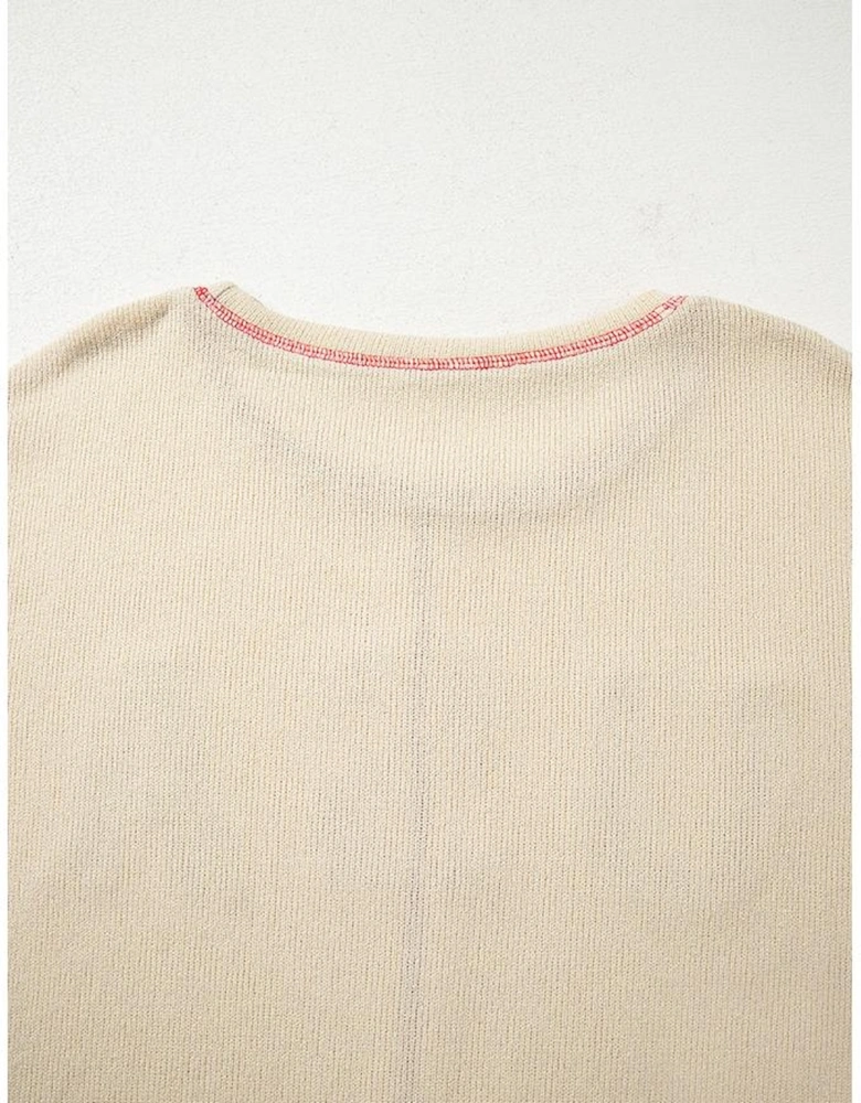 Beige USA Star Contrast Patchwork Exposed Seam Long Sleeve Top