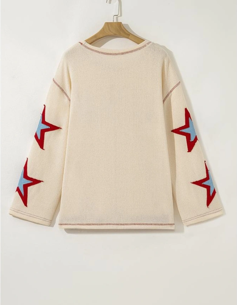 Beige USA Star Contrast Patchwork Exposed Seam Long Sleeve Top