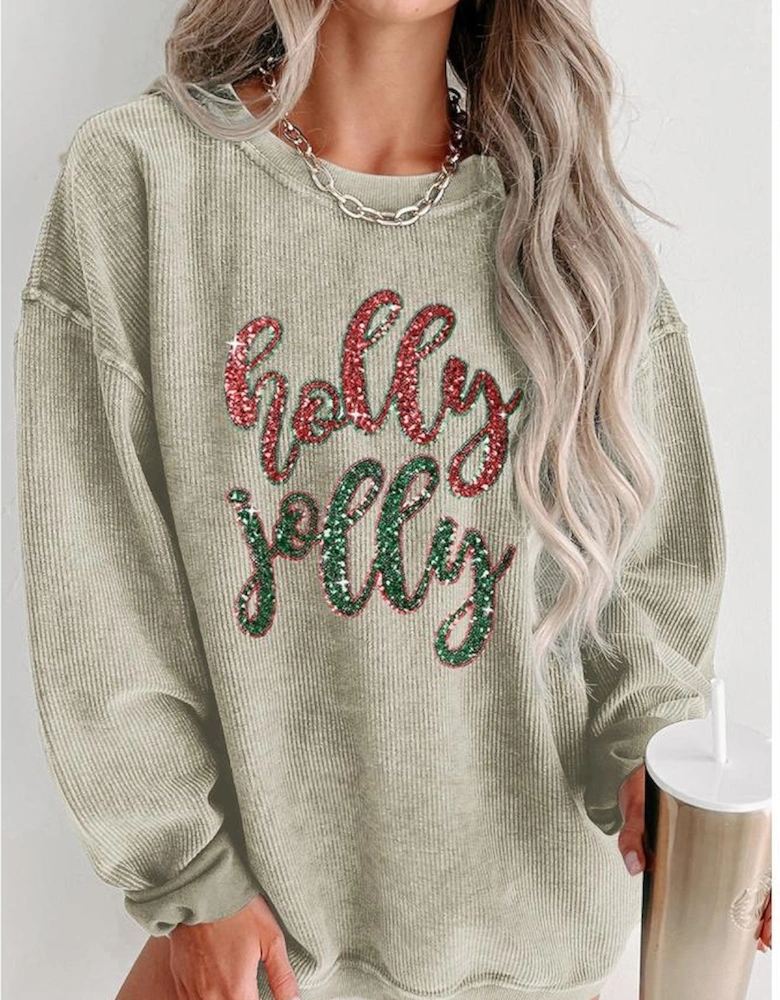 Green Sequined holly jolly Graphic Corded Sweatshirt