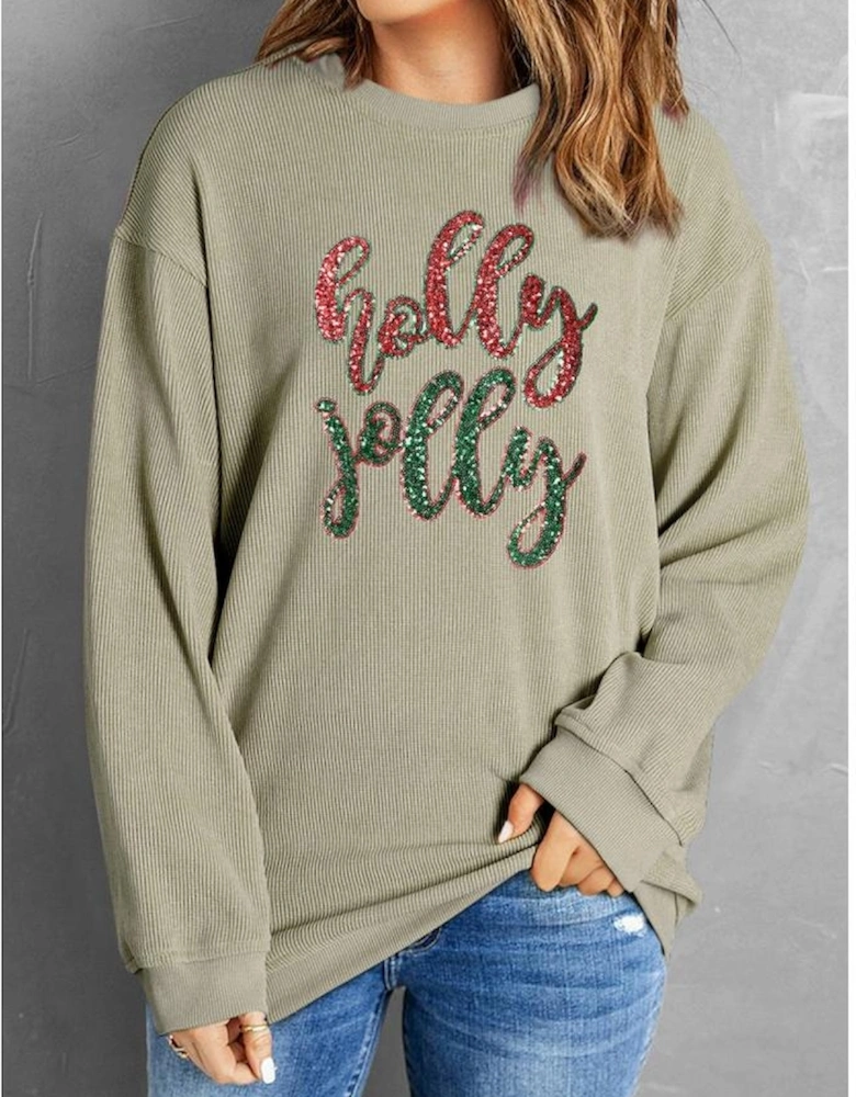 Green Sequined holly jolly Graphic Corded Sweatshirt