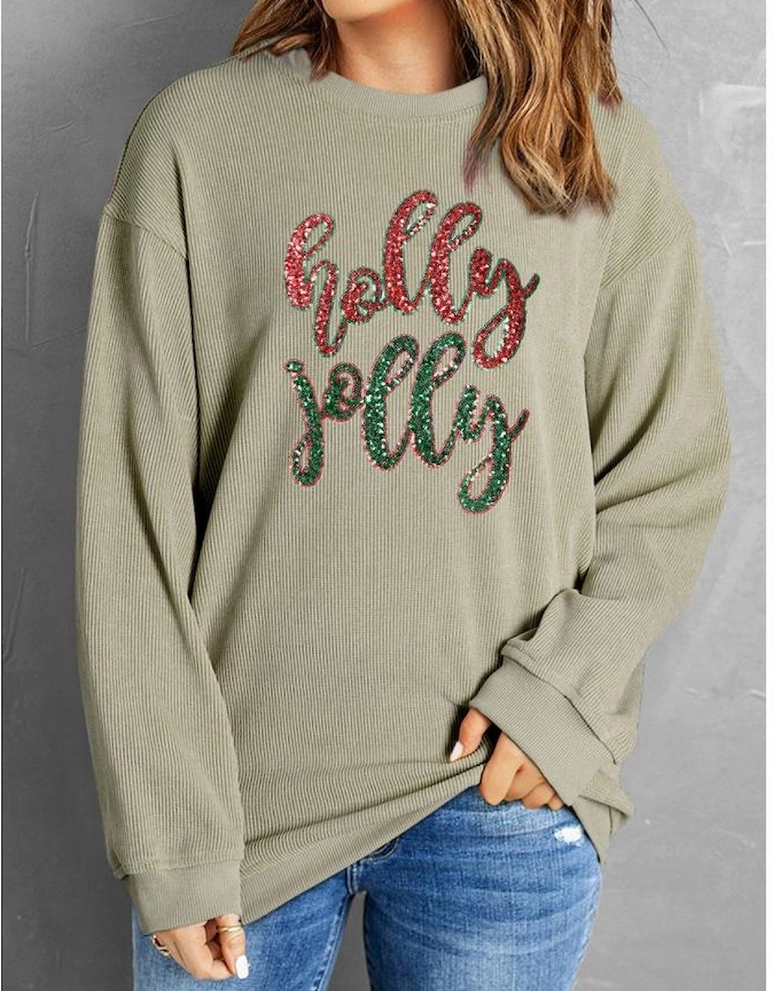 Green Sequined holly jolly Graphic Corded Sweatshirt