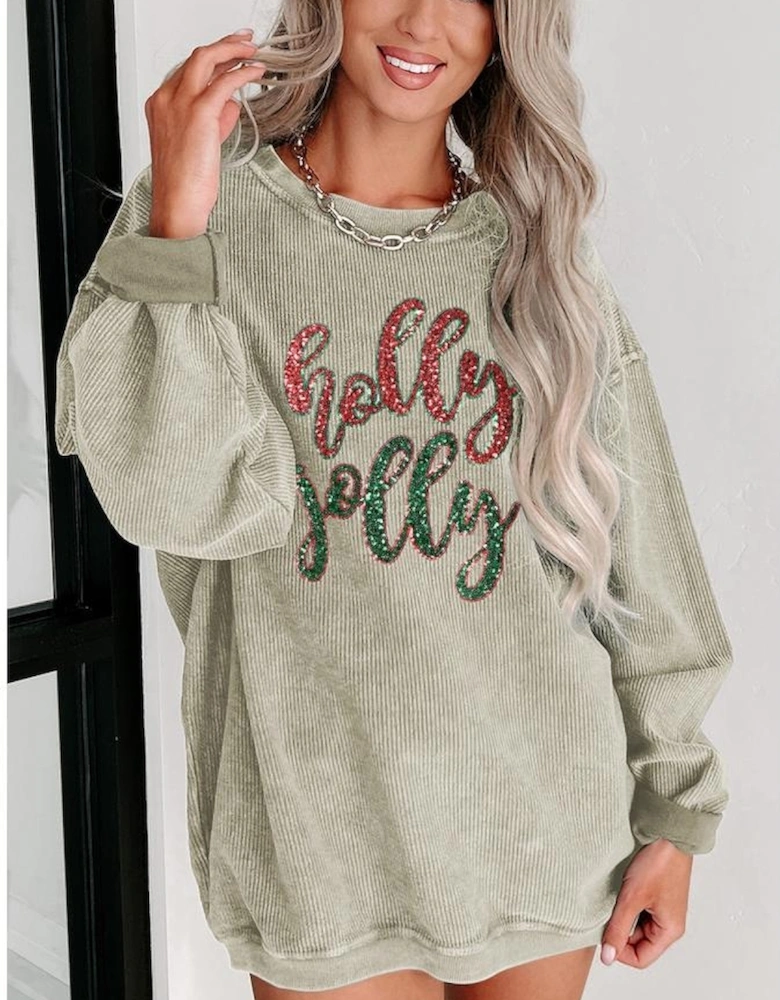 Green Sequined holly jolly Graphic Corded Sweatshirt