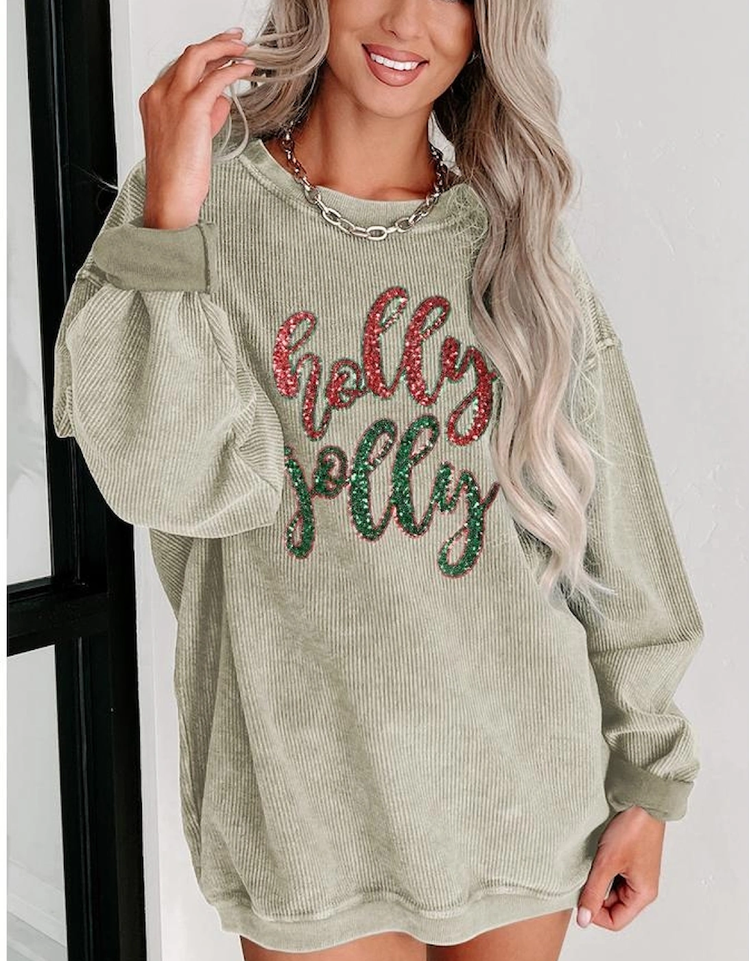 Green Sequined holly jolly Graphic Corded Sweatshirt, 5 of 4
