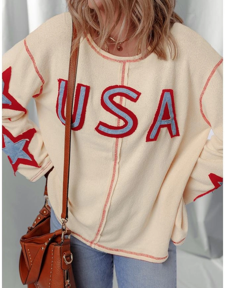 Beige USA Star Contrast Patchwork Exposed Seam Long Sleeve Top