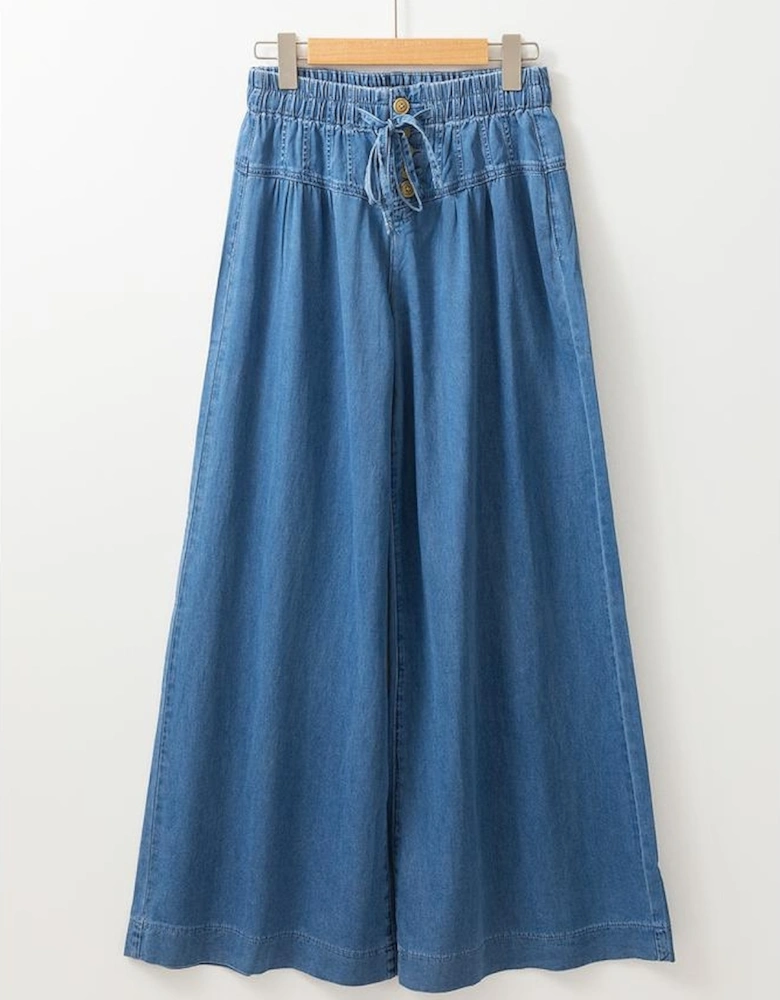 Dusk Blue Mineral Wash Button Fly Waist Wide Leg Jeans