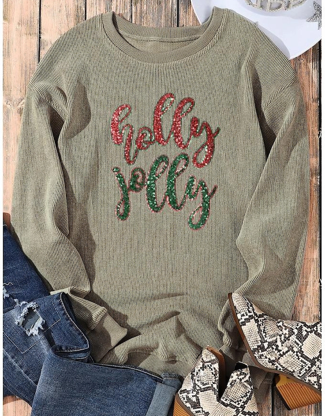 Green Sequined holly jolly Graphic Corded Sweatshirt