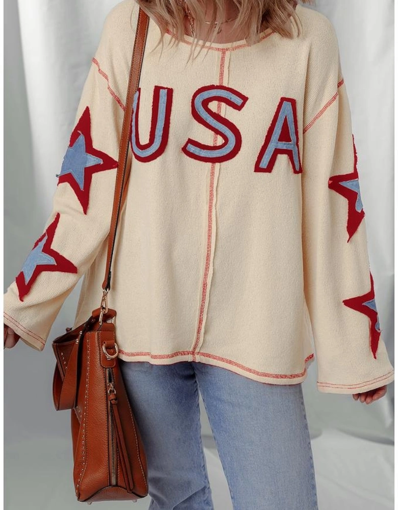 Beige USA Star Contrast Patchwork Exposed Seam Long Sleeve Top