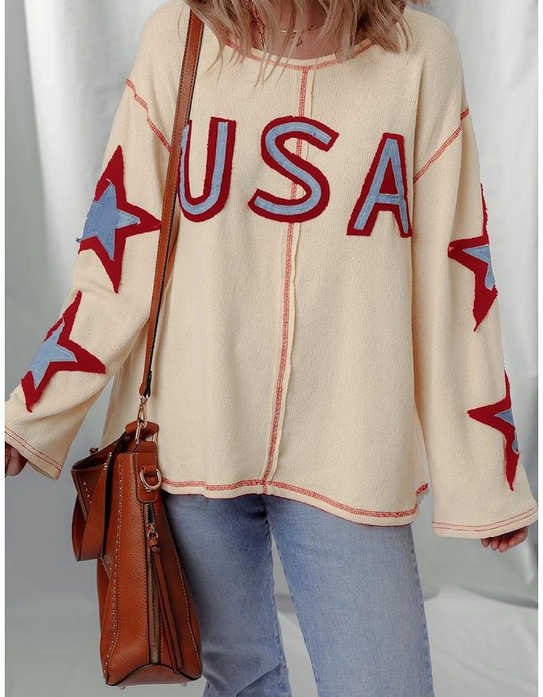 Beige USA Star Contrast Patchwork Exposed Seam Long Sleeve Top