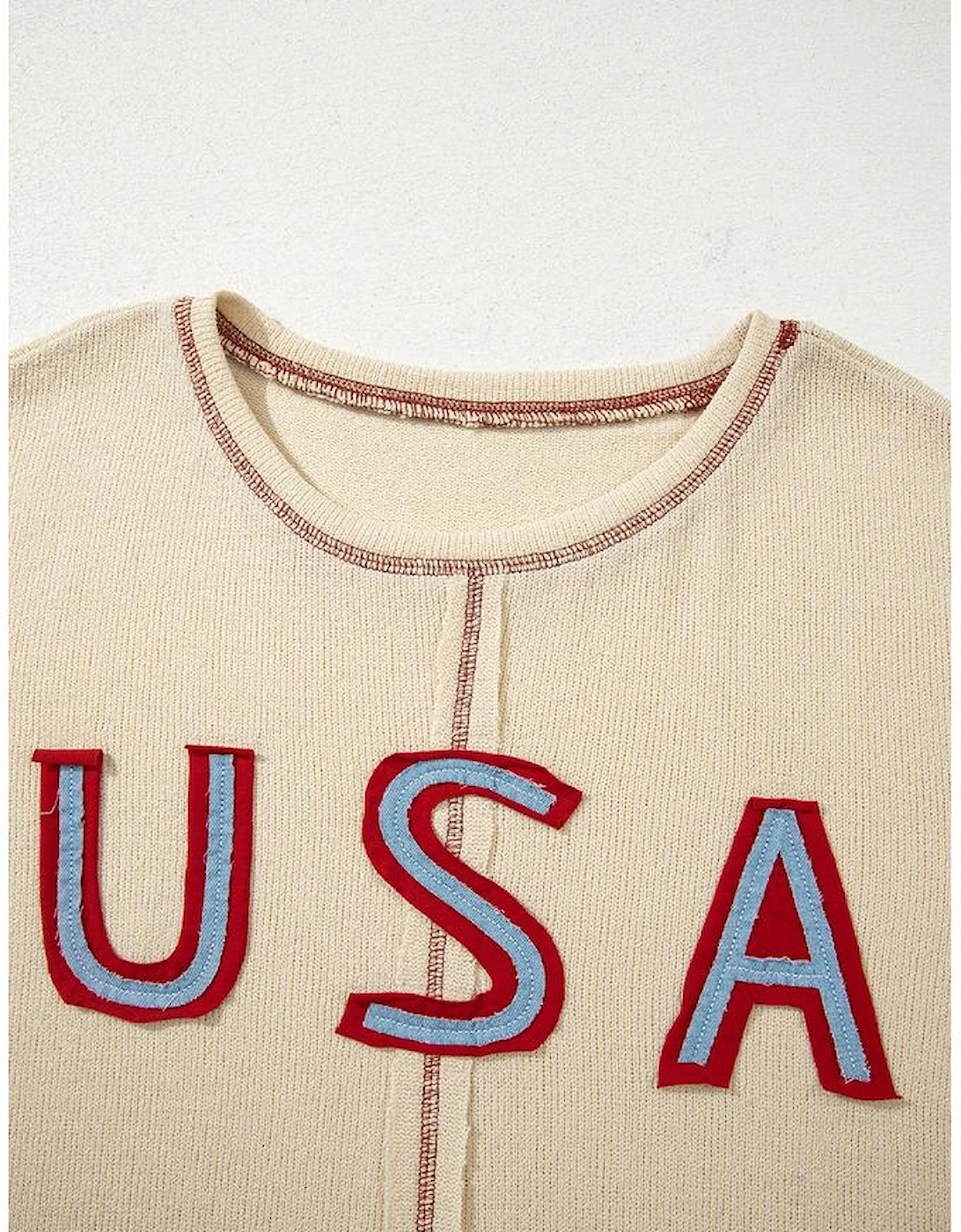 Beige USA Star Contrast Patchwork Exposed Seam Long Sleeve Top