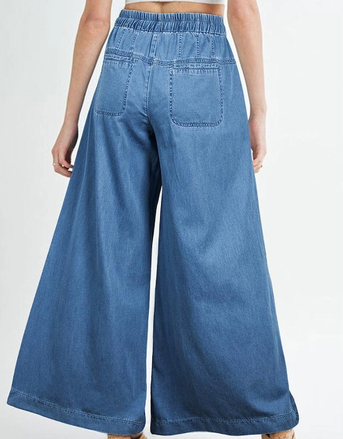 Dusk Blue Mineral Wash Button Fly Waist Wide Leg Jeans