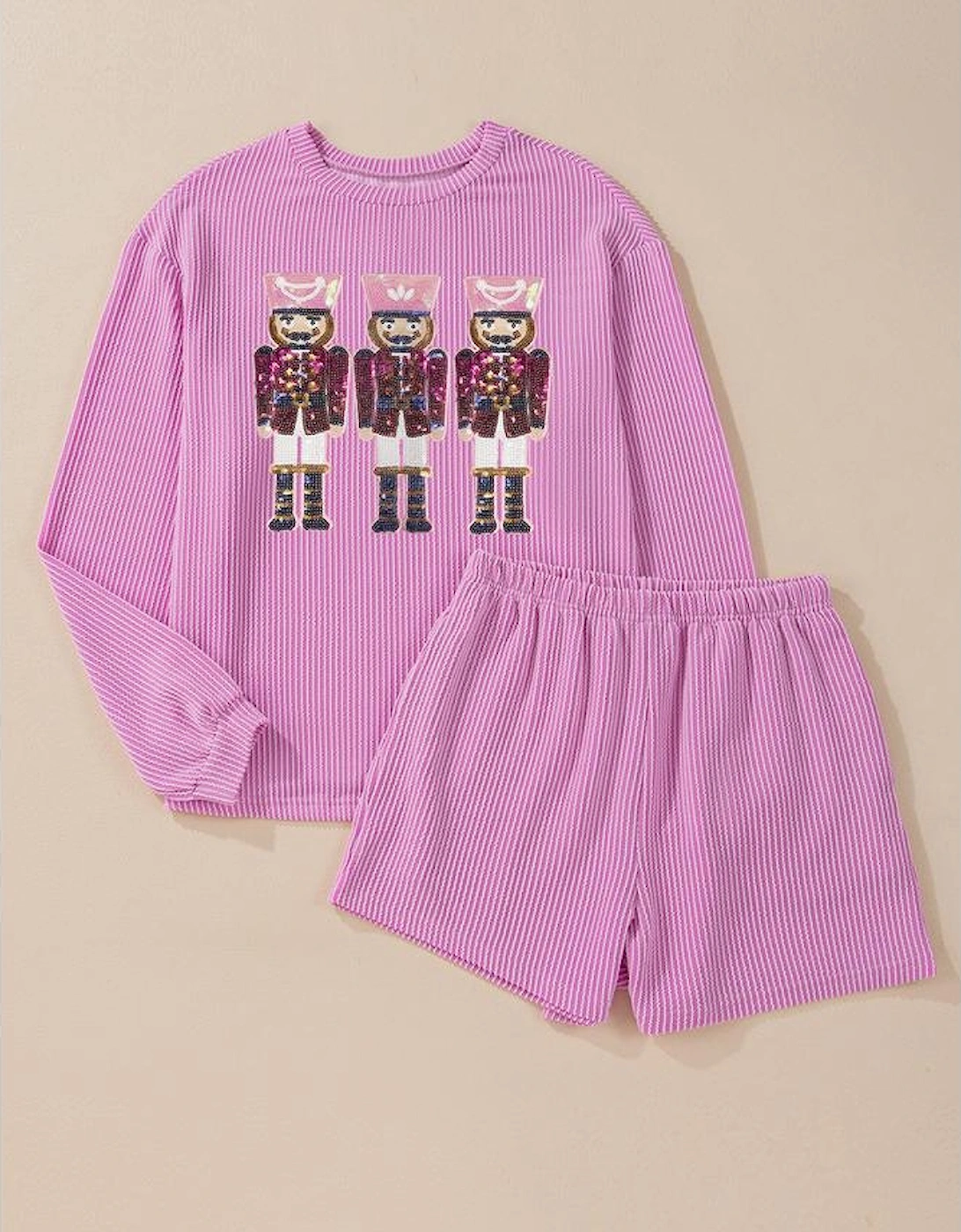 Phalaenopsis Sequin Nutcracker Patched Long Sleeve Corded Christmas Shorts Set