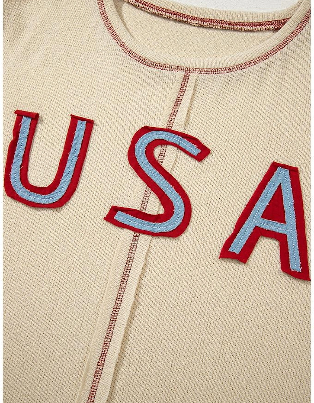 Beige USA Star Contrast Patchwork Exposed Seam Long Sleeve Top