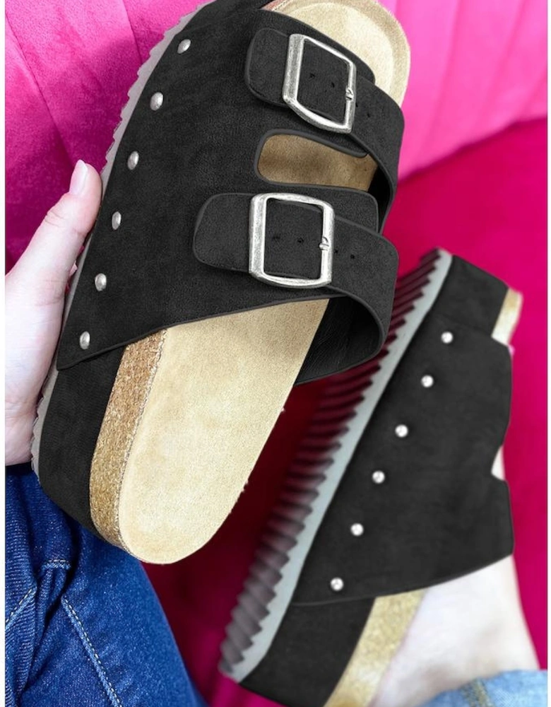 Azura Exchange Black Suede Buckle Decor Footbed Sandal Slippers