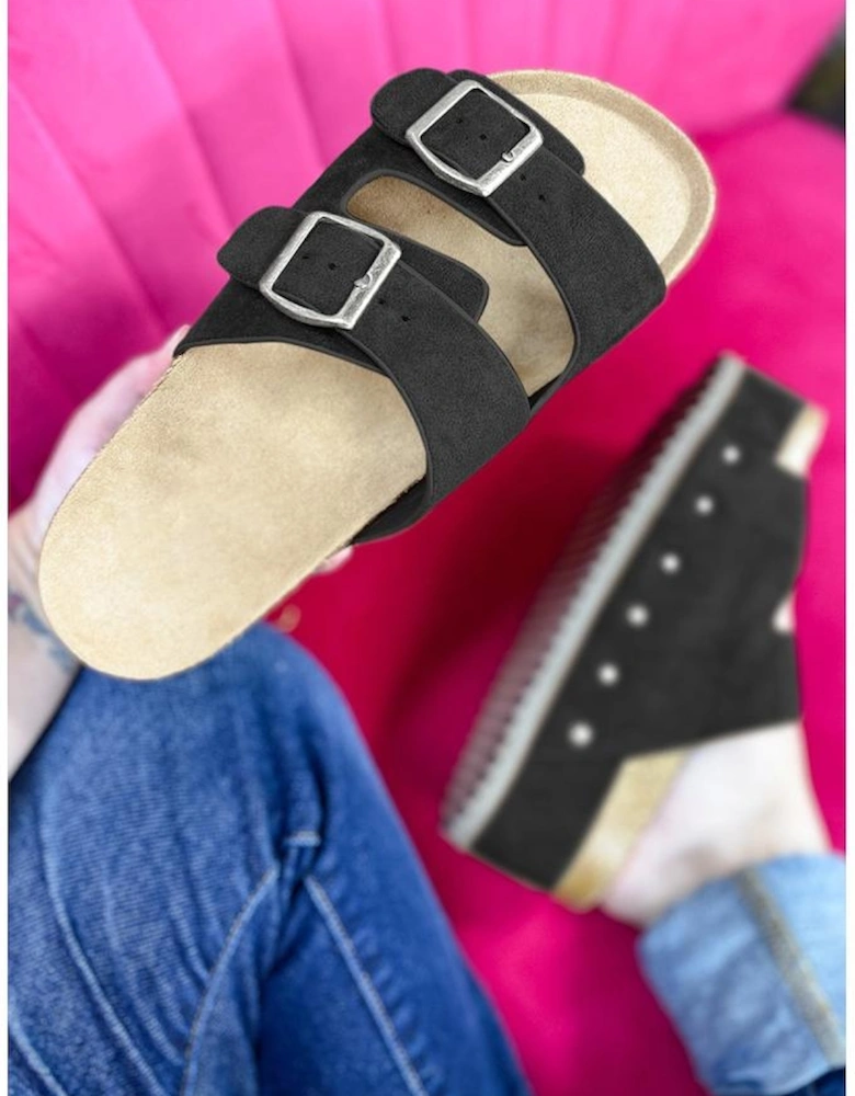 Azura Exchange Black Suede Buckle Decor Footbed Sandal Slippers